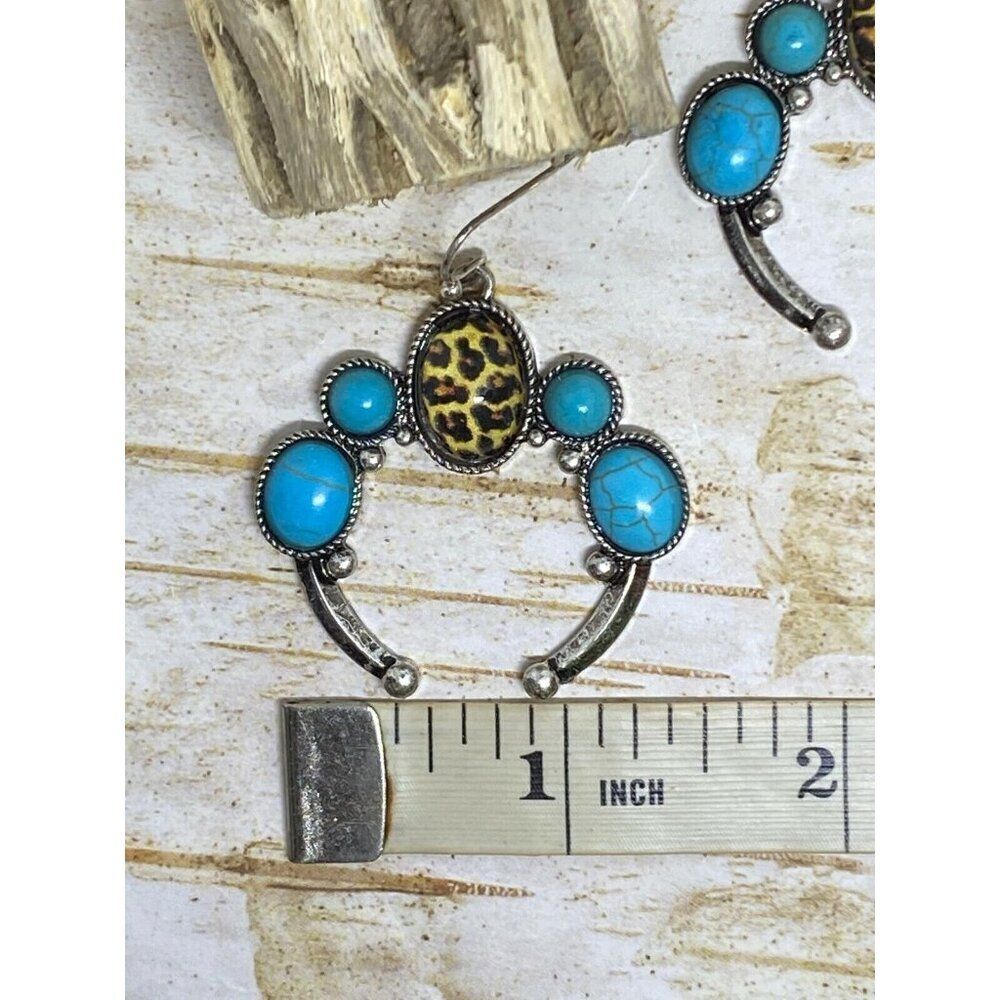 Tribal Horseshoe Leopard Cabochon Turquoise Charms Wire Earrings Southwestern - Picture 8 of 8
